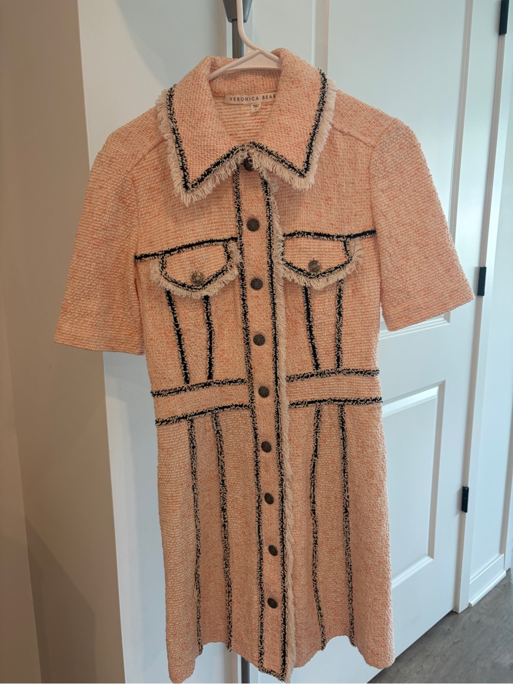 Veronica Beard Peach Bouclé Button-Front Dress with Black Trim